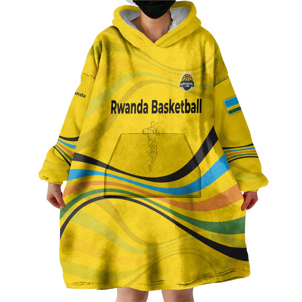 Rwanda Wearable Blanket Hoodie with Basketball League Court Hoop Yellow Wave Spirit