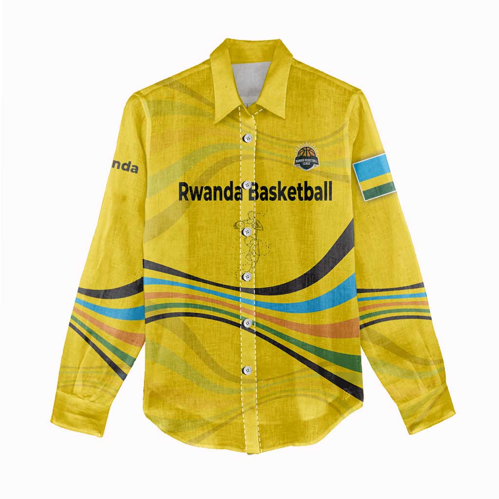 Rwanda Women Casual Shirt with Basketball League Court Hoop Yellow Wave Spirit