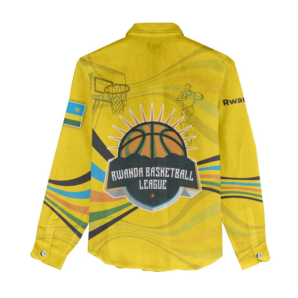 Rwanda Women Casual Shirt with Basketball League Court Hoop Yellow Wave Spirit