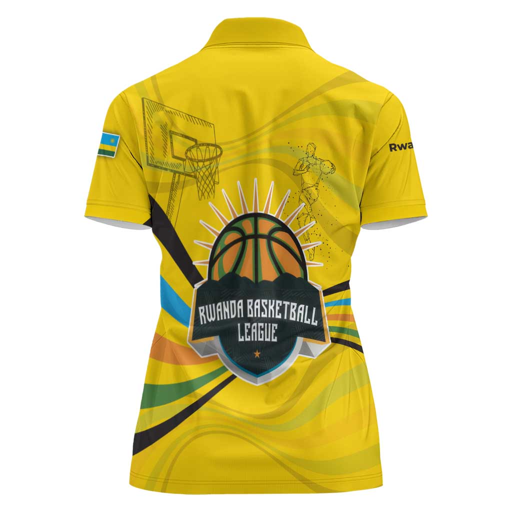 Rwanda Women Polo Shirt with Basketball League Court Hoop Yellow Wave Spirit