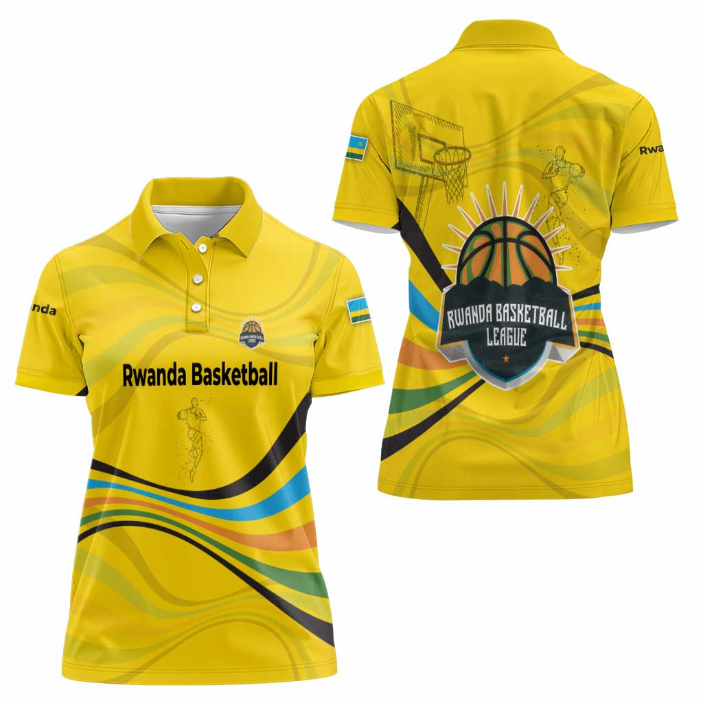 Rwanda Women Polo Shirt with Basketball League Court Hoop Yellow Wave Spirit