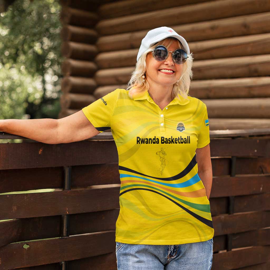 Rwanda Women Polo Shirt with Basketball League Court Hoop Yellow Wave Spirit