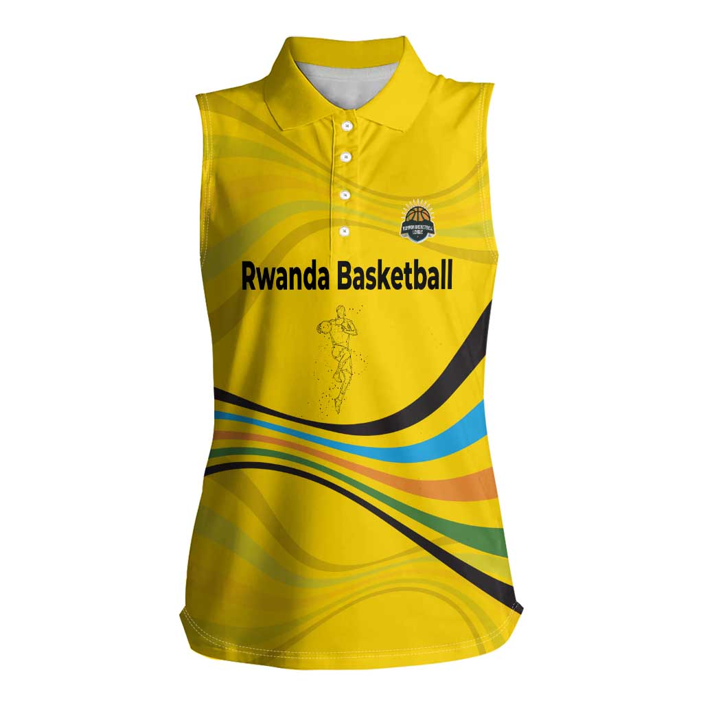 Rwanda Women Sleeveless Polo Shirt with Basketball League Court Hoop Yellow Wave Spirit