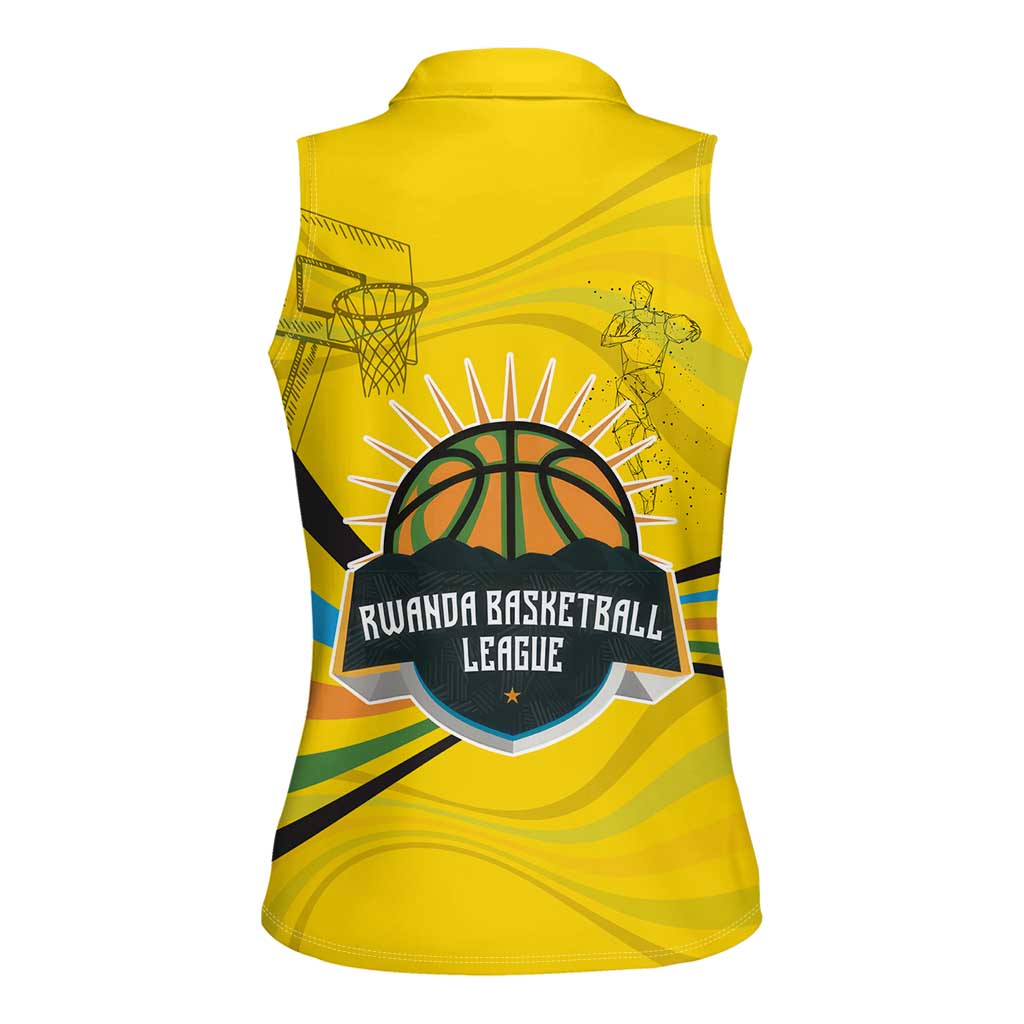 Rwanda Women Sleeveless Polo Shirt with Basketball League Court Hoop Yellow Wave Spirit