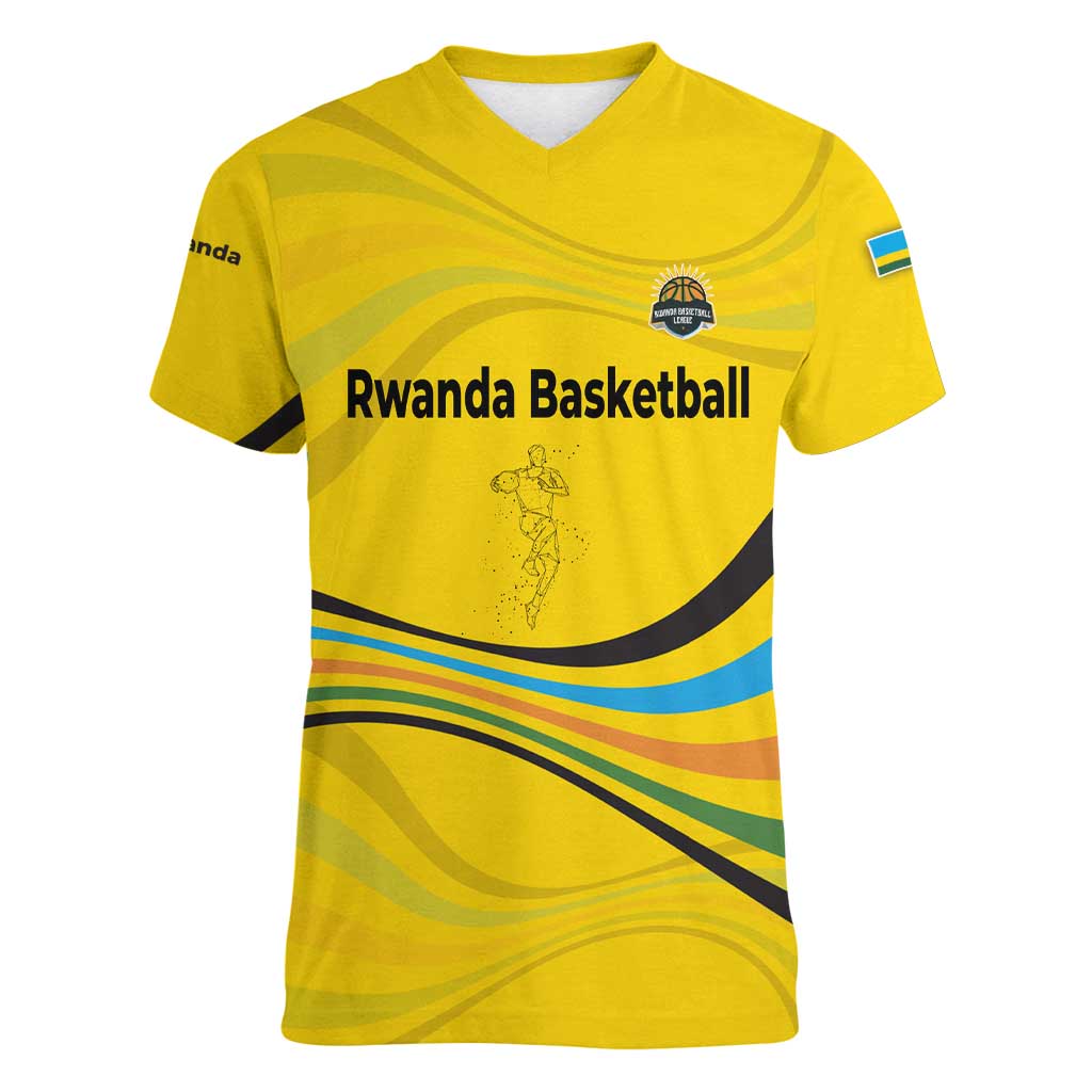 Rwanda Women V-Neck T-Shirt with Basketball League Court Hoop Yellow Wave Spirit