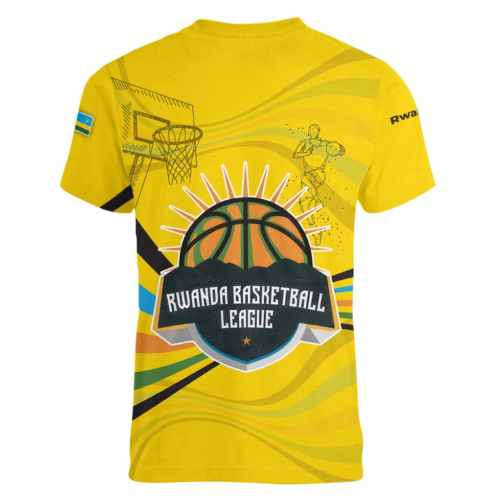 Rwanda Women V-Neck T-Shirt with Basketball League Court Hoop Yellow Wave Spirit