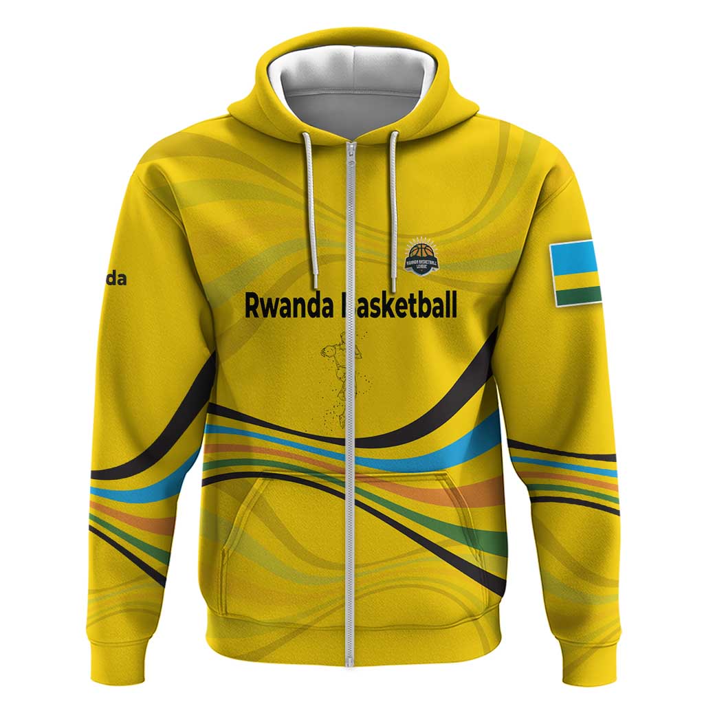 Rwanda Zip Hoodie with Basketball League Court Hoop Yellow Wave Spirit