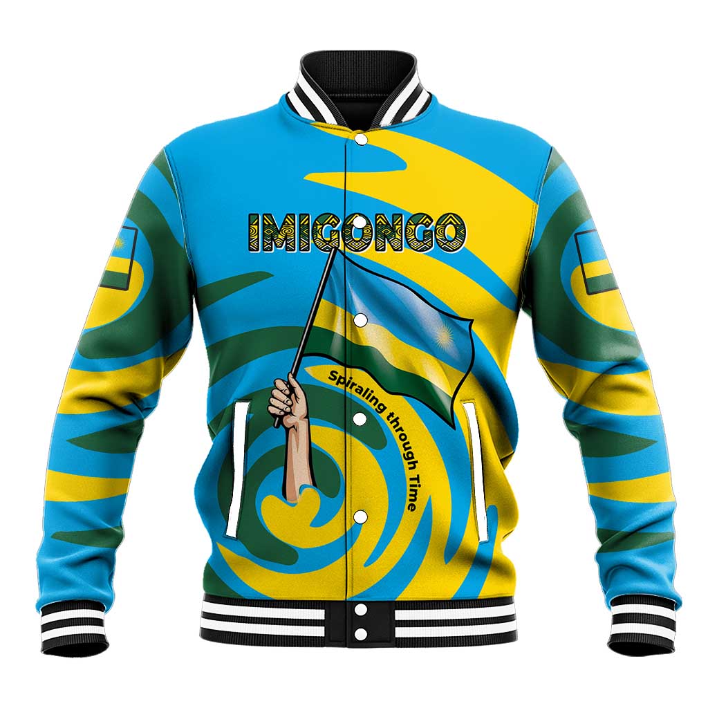 Rwanda Baseball Jacket with Imigongo Spiraling Flag Hand Wave Time Spirit