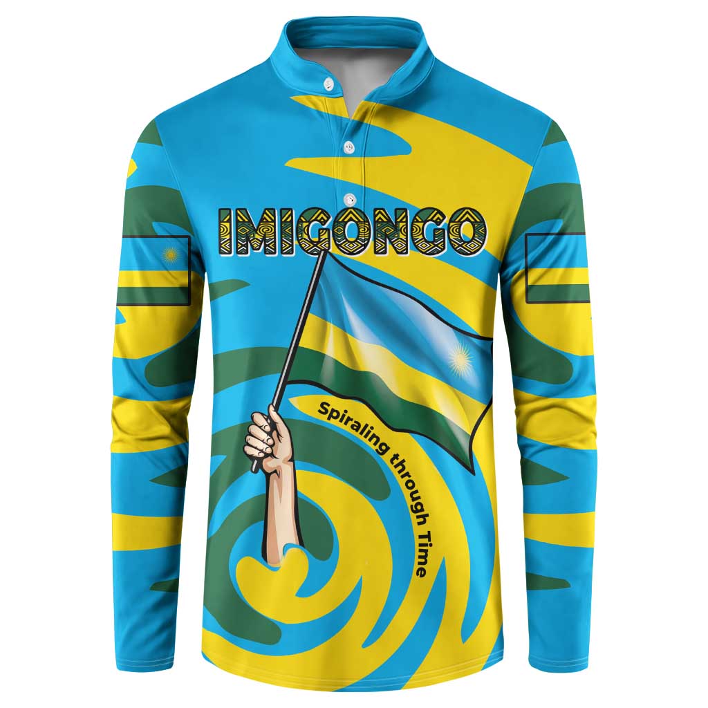 Rwanda Button Sweatshirt with Imigongo Spiraling Flag Hand Wave Time Spirit