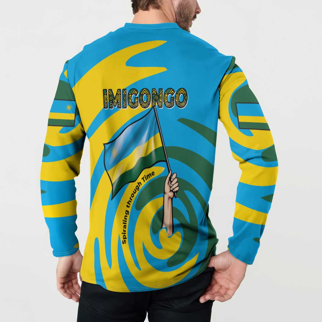 Rwanda Button Sweatshirt with Imigongo Spiraling Flag Hand Wave Time Spirit