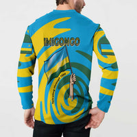 Rwanda Button Sweatshirt with Imigongo Spiraling Flag Hand Wave Time Spirit