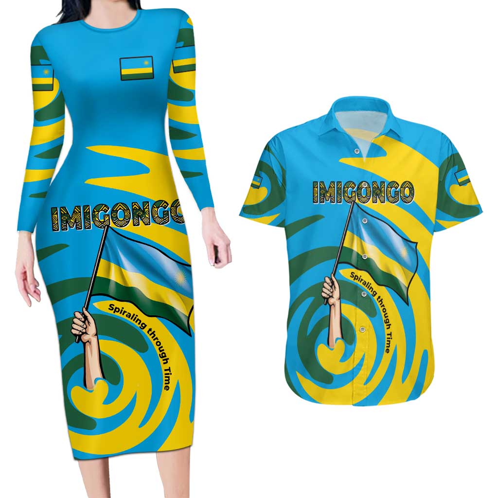 Rwanda Couples Matching Long Sleeve Bodycon Dress and Hawaiian Shirt with Imigongo Spiraling Flag Hand Wave Time Spirit