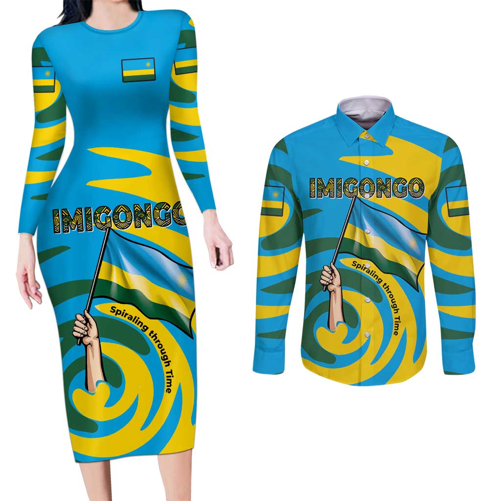 Rwanda Couples Matching Long Sleeve Bodycon Dress and Long Sleeve Button Shirt with Imigongo Spiraling Flag Hand Wave Time Spirit