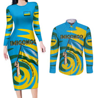 Rwanda Couples Matching Long Sleeve Bodycon Dress and Long Sleeve Button Shirt with Imigongo Spiraling Flag Hand Wave Time Spirit