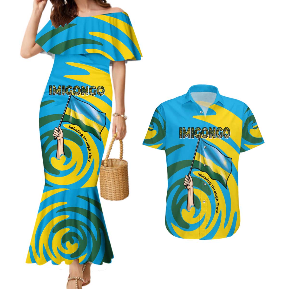 Rwanda Couples Matching Mermaid Dress and Hawaiian Shirt with Imigongo Spiraling Flag Hand Wave Time Spirit