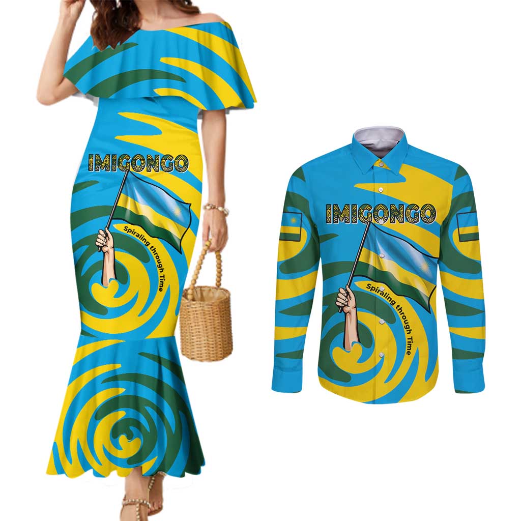 Rwanda Couples Matching Mermaid Dress and Long Sleeve Button Shirt with Imigongo Spiraling Flag Hand Wave Time Spirit