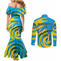 Rwanda Couples Matching Mermaid Dress and Long Sleeve Button Shirt with Imigongo Spiraling Flag Hand Wave Time Spirit