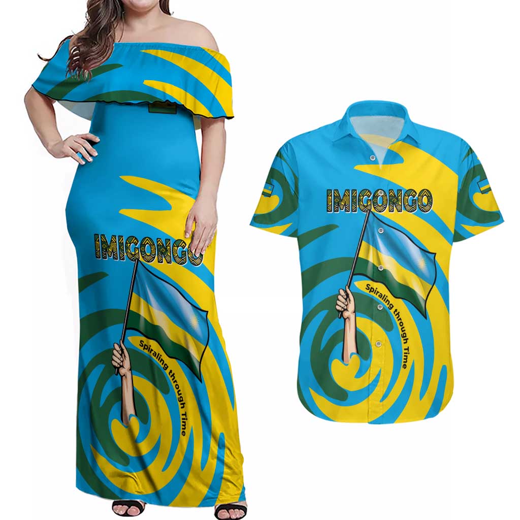 Rwanda Couples Matching Off Shoulder Maxi Dress and Hawaiian Shirt with Imigongo Spiraling Flag Hand Wave Time Spirit