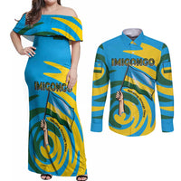 Rwanda Couples Matching Off Shoulder Maxi Dress and Long Sleeve Button Shirt with Imigongo Spiraling Flag Hand Wave Time Spirit