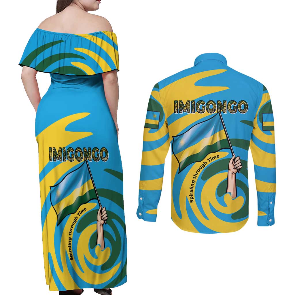 Rwanda Couples Matching Off Shoulder Maxi Dress and Long Sleeve Button Shirt with Imigongo Spiraling Flag Hand Wave Time Spirit