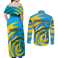 Rwanda Couples Matching Off Shoulder Maxi Dress and Long Sleeve Button Shirt with Imigongo Spiraling Flag Hand Wave Time Spirit