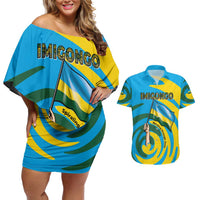Rwanda Couples Matching Off Shoulder Short Dress and Hawaiian Shirt with Imigongo Spiraling Flag Hand Wave Time Spirit