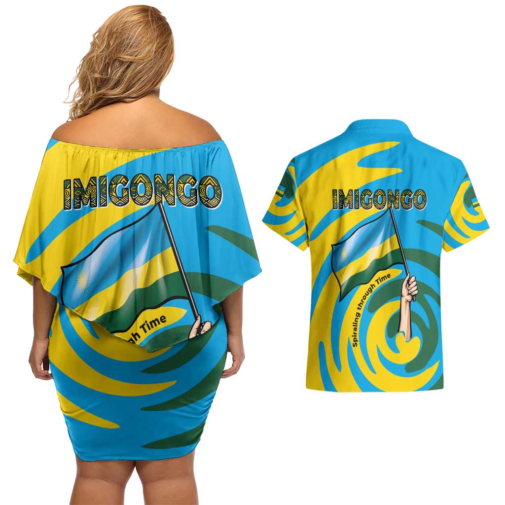 Rwanda Couples Matching Off Shoulder Short Dress and Hawaiian Shirt with Imigongo Spiraling Flag Hand Wave Time Spirit