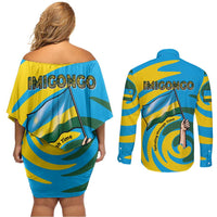Rwanda Couples Matching Off Shoulder Short Dress and Long Sleeve Button Shirt with Imigongo Spiraling Flag Hand Wave Time Spirit