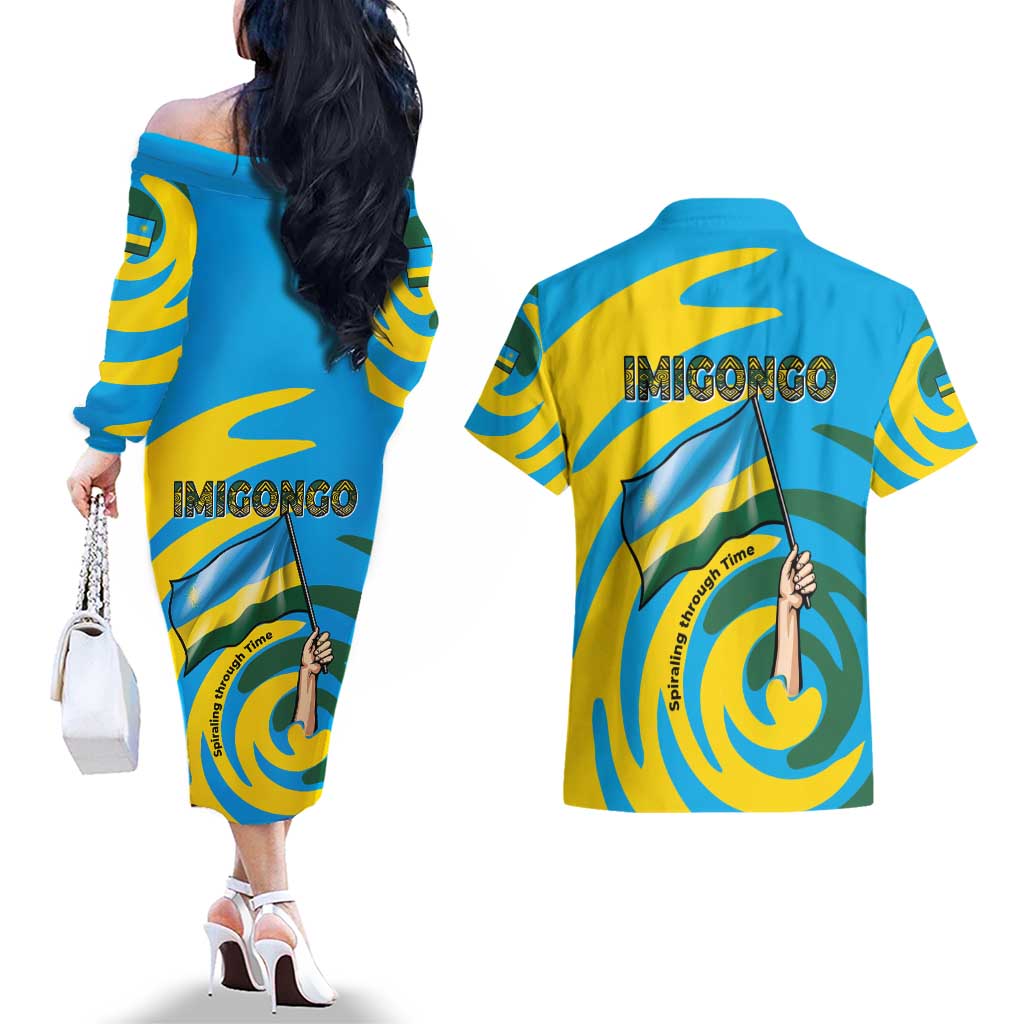 Rwanda Couples Matching Off The Shoulder Long Sleeve Dress and Hawaiian Shirt with Imigongo Spiraling Flag Hand Wave Time Spirit