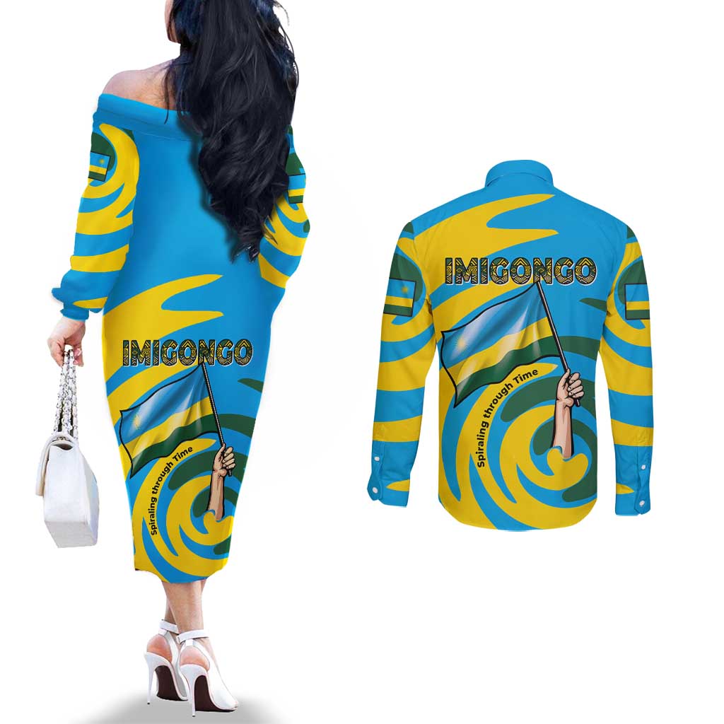 Rwanda Couples Matching Off The Shoulder Long Sleeve Dress and Long Sleeve Button Shirt with Imigongo Spiraling Flag Hand Wave Time Spirit