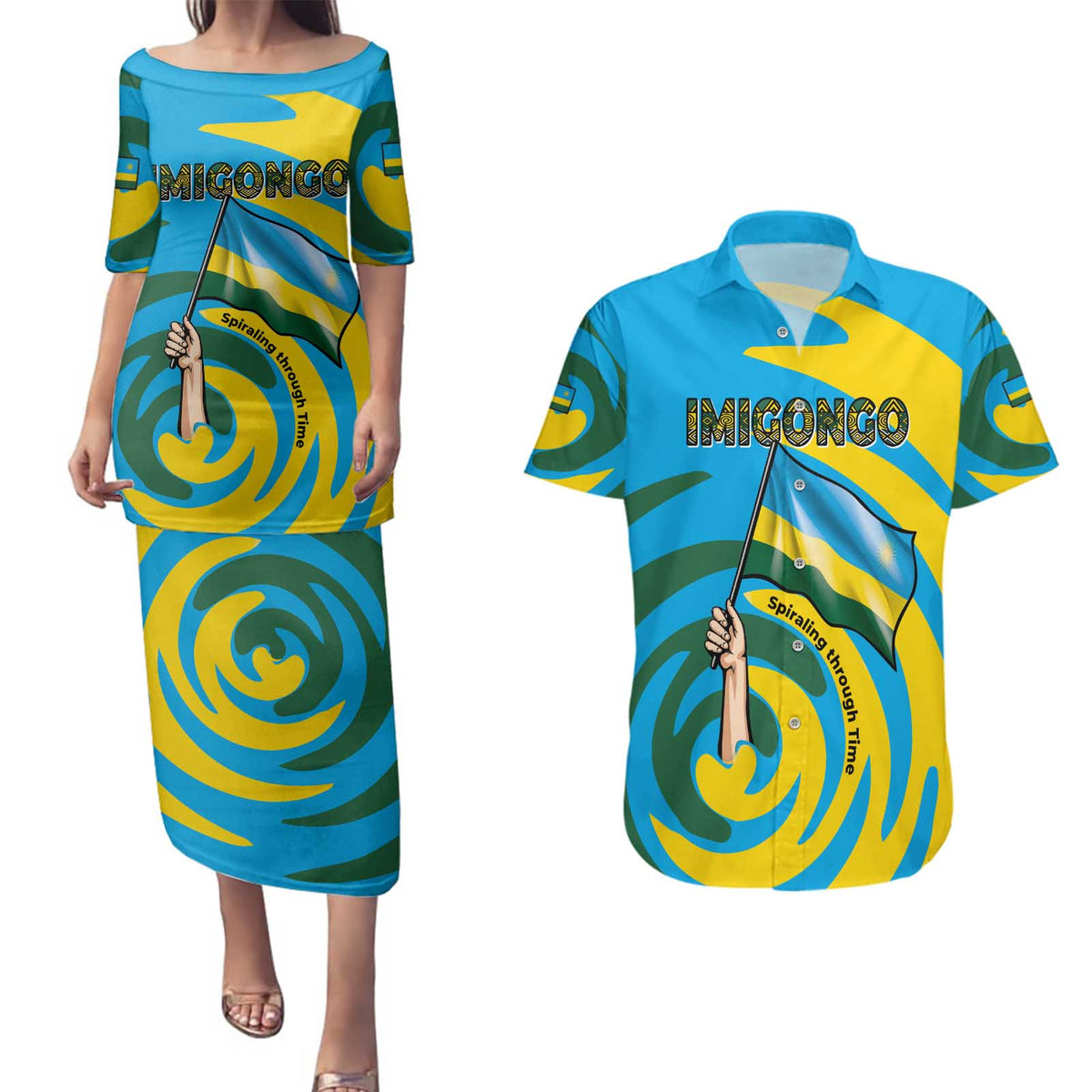Rwanda Couples Matching Puletasi and Hawaiian Shirt with Imigongo Spiraling Flag Hand Wave Time Spirit