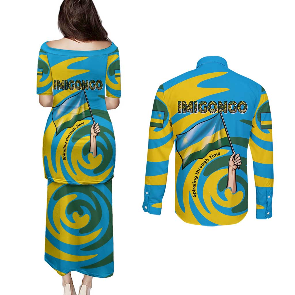 Rwanda Couples Matching Puletasi and Long Sleeve Button Shirt with Imigongo Spiraling Flag Hand Wave Time Spirit