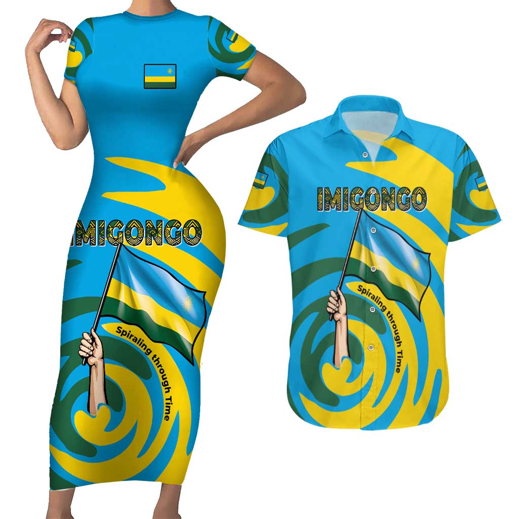 Rwanda Couples Matching Short Sleeve Bodycon Dress and Hawaiian Shirt with Imigongo Spiraling Flag Hand Wave Time Spirit