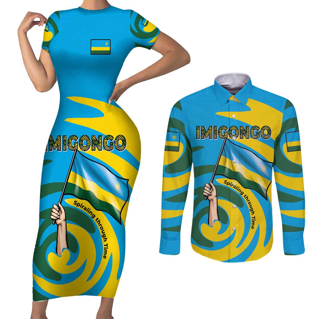 Rwanda Couples Matching Short Sleeve Bodycon Dress and Long Sleeve Button Shirt with Imigongo Spiraling Flag Hand Wave Time Spirit
