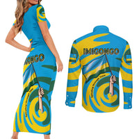 Rwanda Couples Matching Short Sleeve Bodycon Dress and Long Sleeve Button Shirt with Imigongo Spiraling Flag Hand Wave Time Spirit
