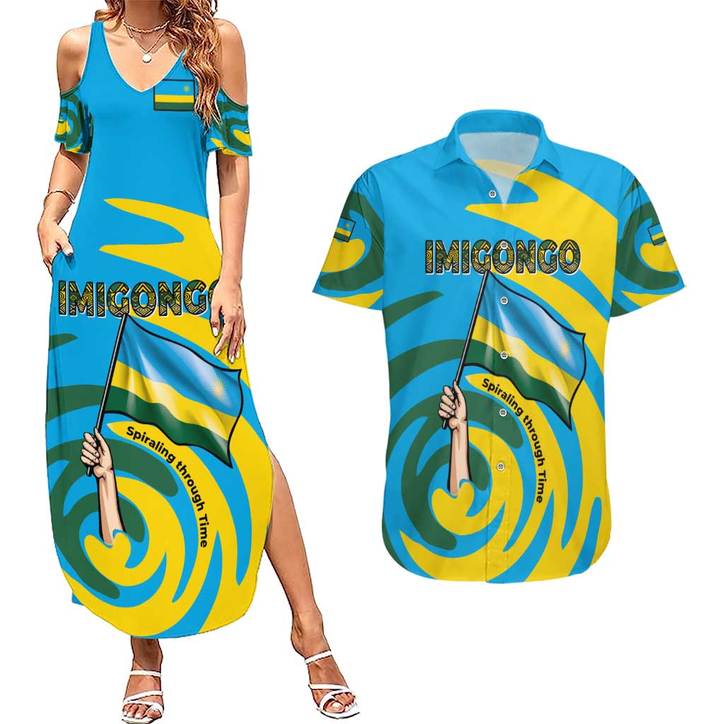 Rwanda Couples Matching Summer Maxi Dress and Hawaiian Shirt with Imigongo Spiraling Flag Hand Wave Time Spirit