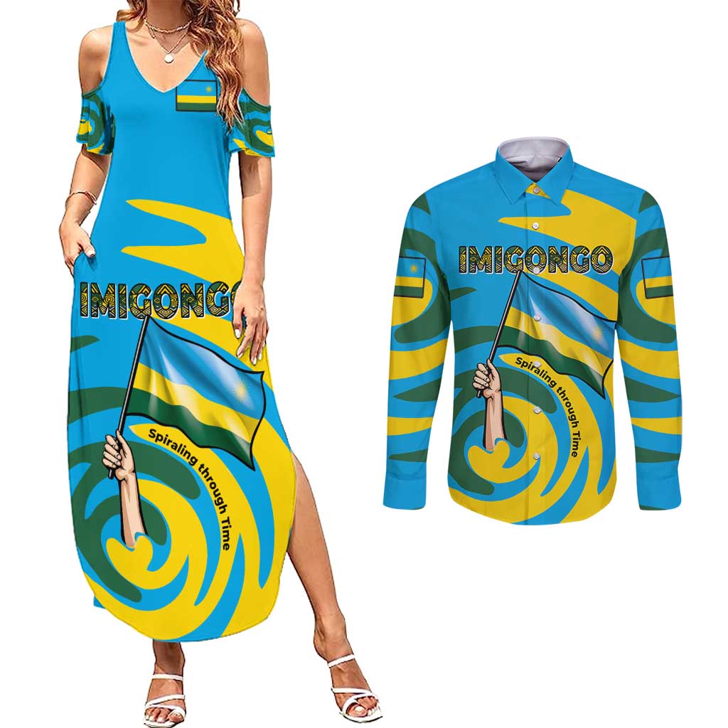 Rwanda Couples Matching Summer Maxi Dress and Long Sleeve Button Shirt with Imigongo Spiraling Flag Hand Wave Time Spirit