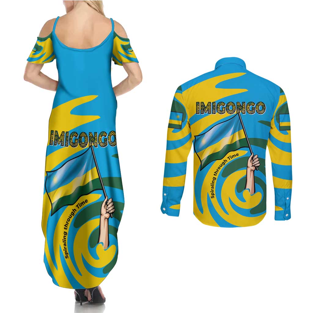 Rwanda Couples Matching Summer Maxi Dress and Long Sleeve Button Shirt with Imigongo Spiraling Flag Hand Wave Time Spirit