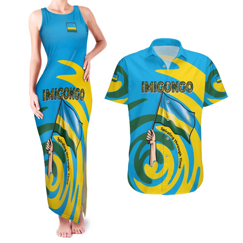 Rwanda Couples Matching Tank Maxi Dress and Hawaiian Shirt with Imigongo Spiraling Flag Hand Wave Time Spirit
