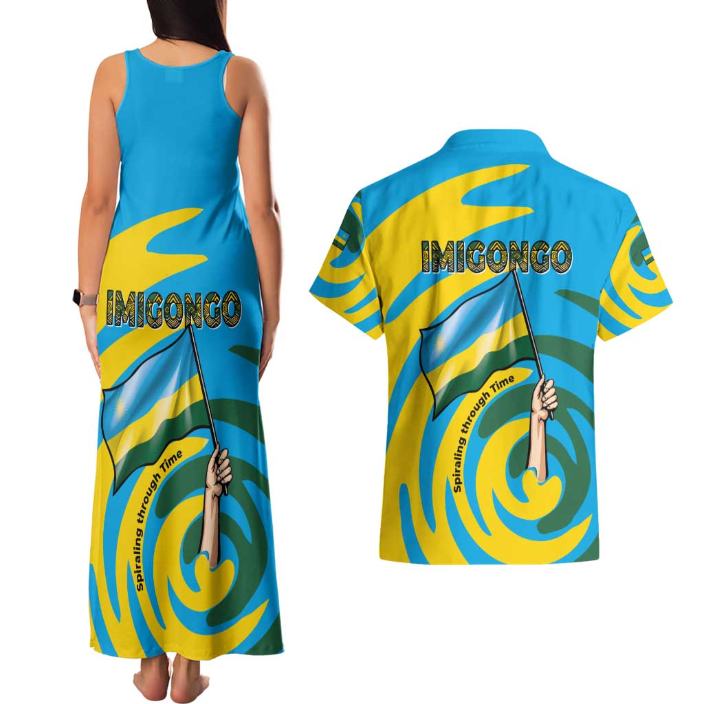 Rwanda Couples Matching Tank Maxi Dress and Hawaiian Shirt with Imigongo Spiraling Flag Hand Wave Time Spirit