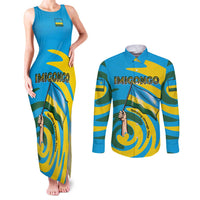 Rwanda Couples Matching Tank Maxi Dress and Long Sleeve Button Shirt with Imigongo Spiraling Flag Hand Wave Time Spirit