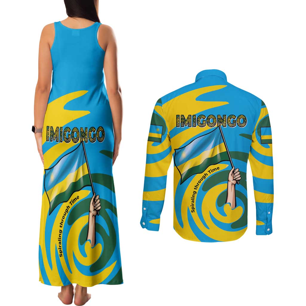 Rwanda Couples Matching Tank Maxi Dress and Long Sleeve Button Shirt with Imigongo Spiraling Flag Hand Wave Time Spirit