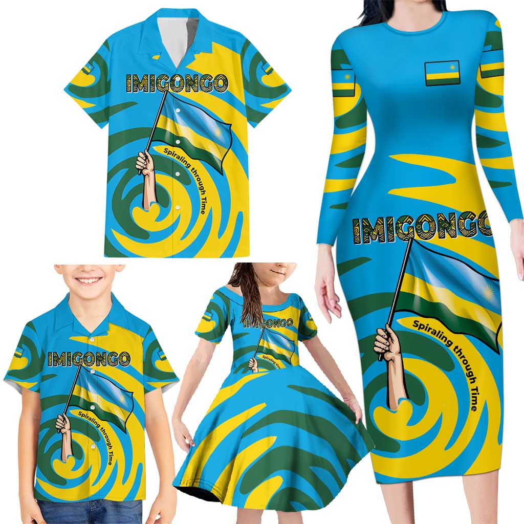 Rwanda Family Matching Long Sleeve Bodycon Dress and Hawaiian Shirt with Imigongo Spiraling Flag Hand Wave Time Spirit