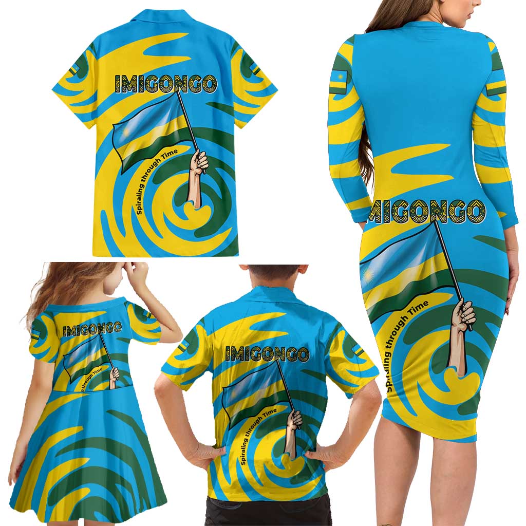 Rwanda Family Matching Long Sleeve Bodycon Dress and Hawaiian Shirt with Imigongo Spiraling Flag Hand Wave Time Spirit