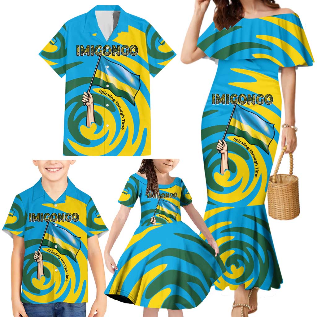 Rwanda Family Matching Mermaid Dress and Hawaiian Shirt with Imigongo Spiraling Flag Hand Wave Time Spirit