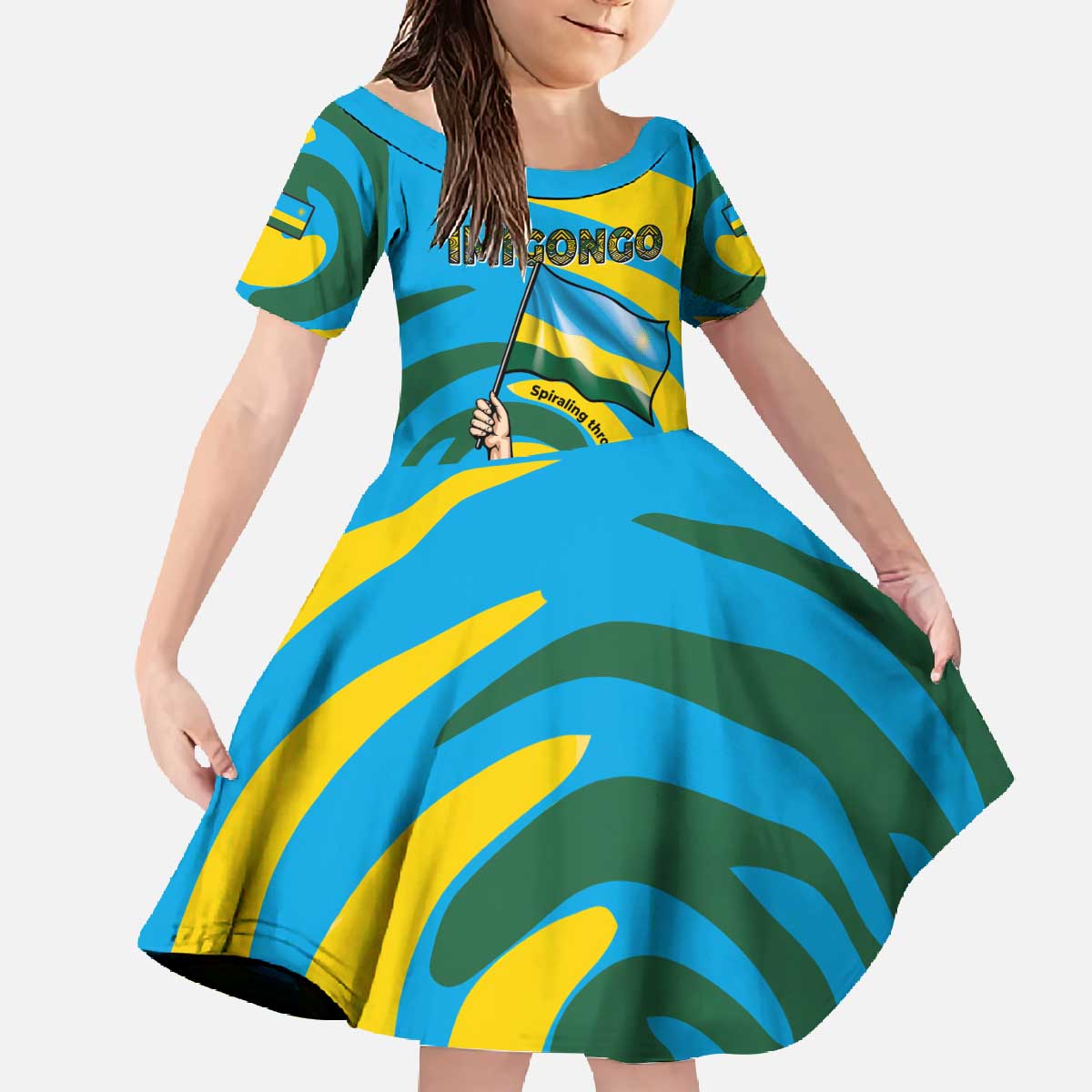 Rwanda Family Matching Off The Shoulder Long Sleeve Dress and Hawaiian Shirt with Imigongo Spiraling Flag Hand Wave Time Spirit