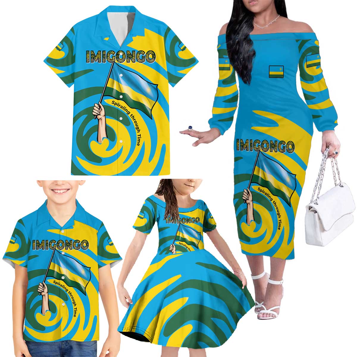 Rwanda Family Matching Off The Shoulder Long Sleeve Dress and Hawaiian Shirt with Imigongo Spiraling Flag Hand Wave Time Spirit