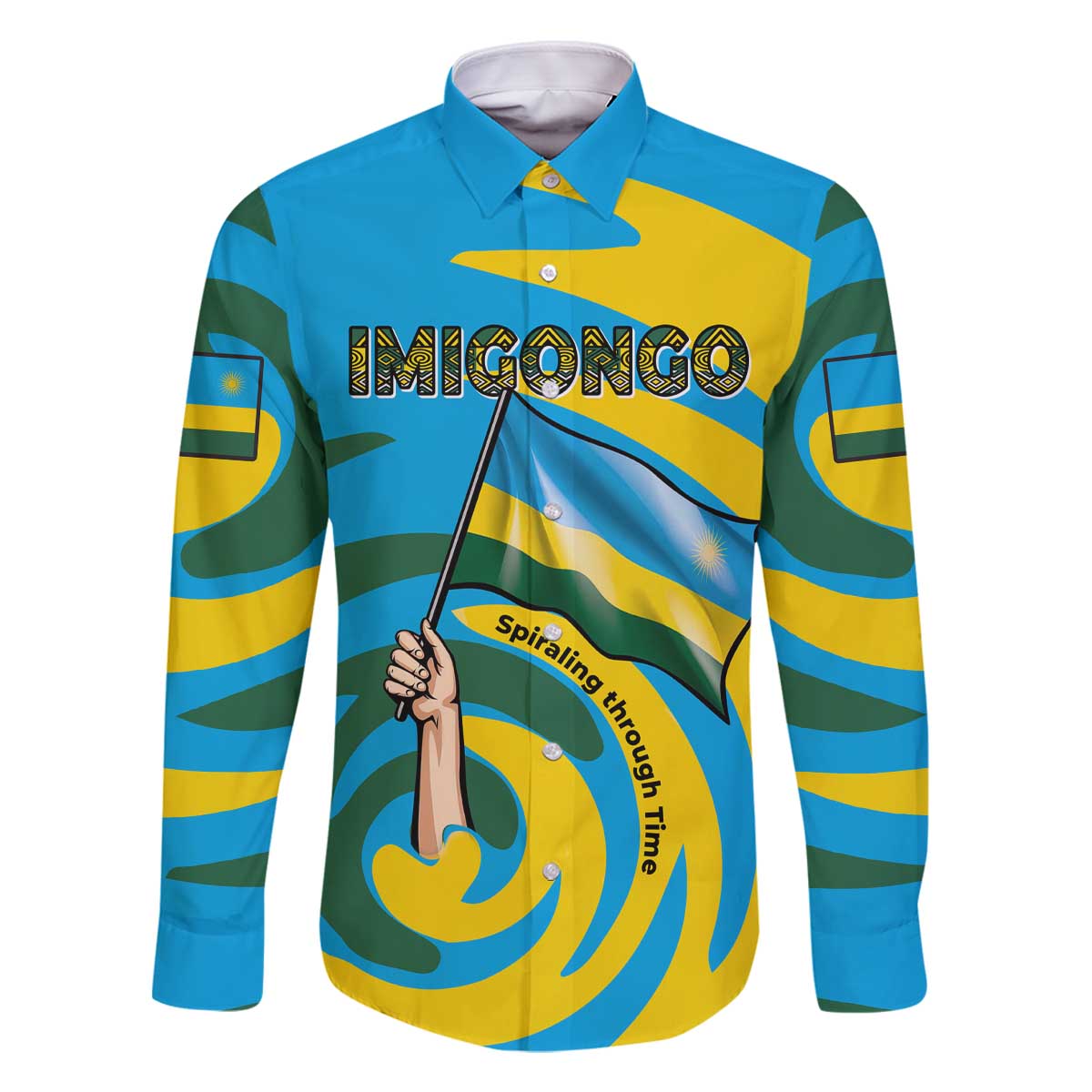 Rwanda Family Matching Off The Shoulder Long Sleeve Dress and Hawaiian Shirt with Imigongo Spiraling Flag Hand Wave Time Spirit