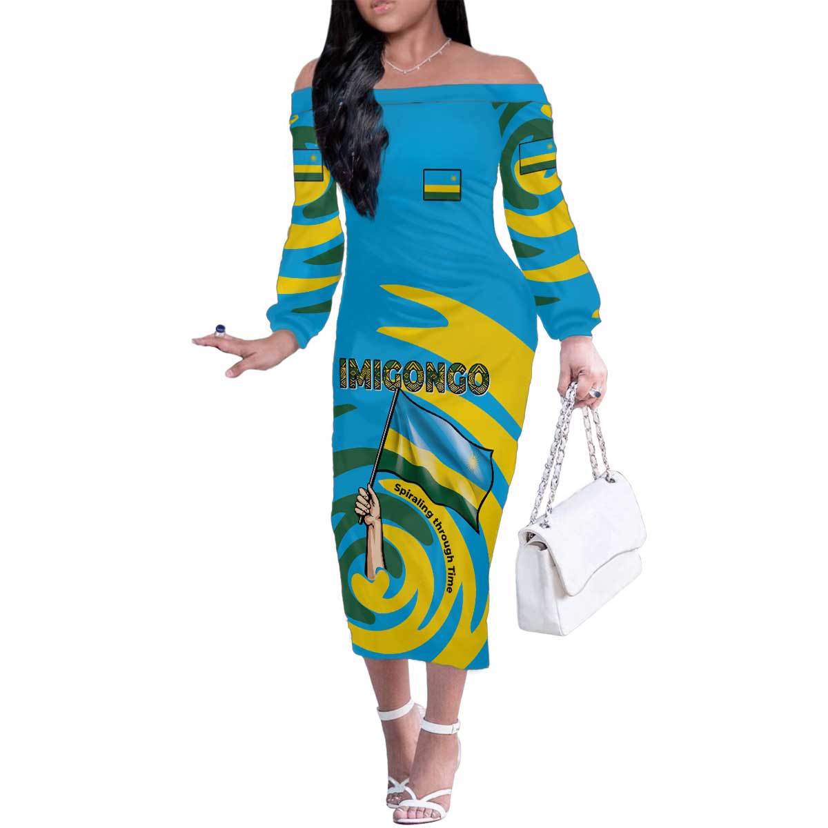 Rwanda Family Matching Off The Shoulder Long Sleeve Dress and Hawaiian Shirt with Imigongo Spiraling Flag Hand Wave Time Spirit