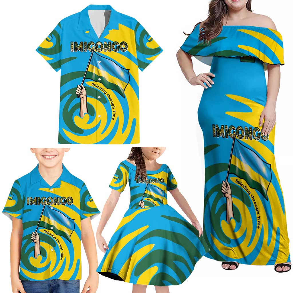 Rwanda Family Matching Off Shoulder Maxi Dress and Hawaiian Shirt with Imigongo Spiraling Flag Hand Wave Time Spirit